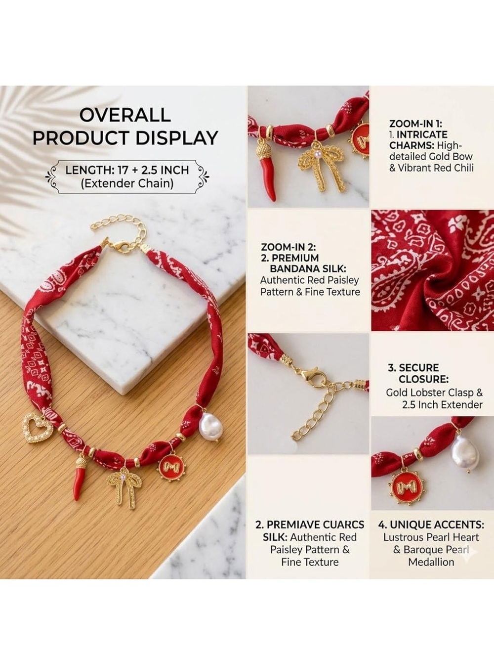 Anthropologie Red Paisley Bandana Silk Charm Choker with Gold Accents - Picture 2 of 3